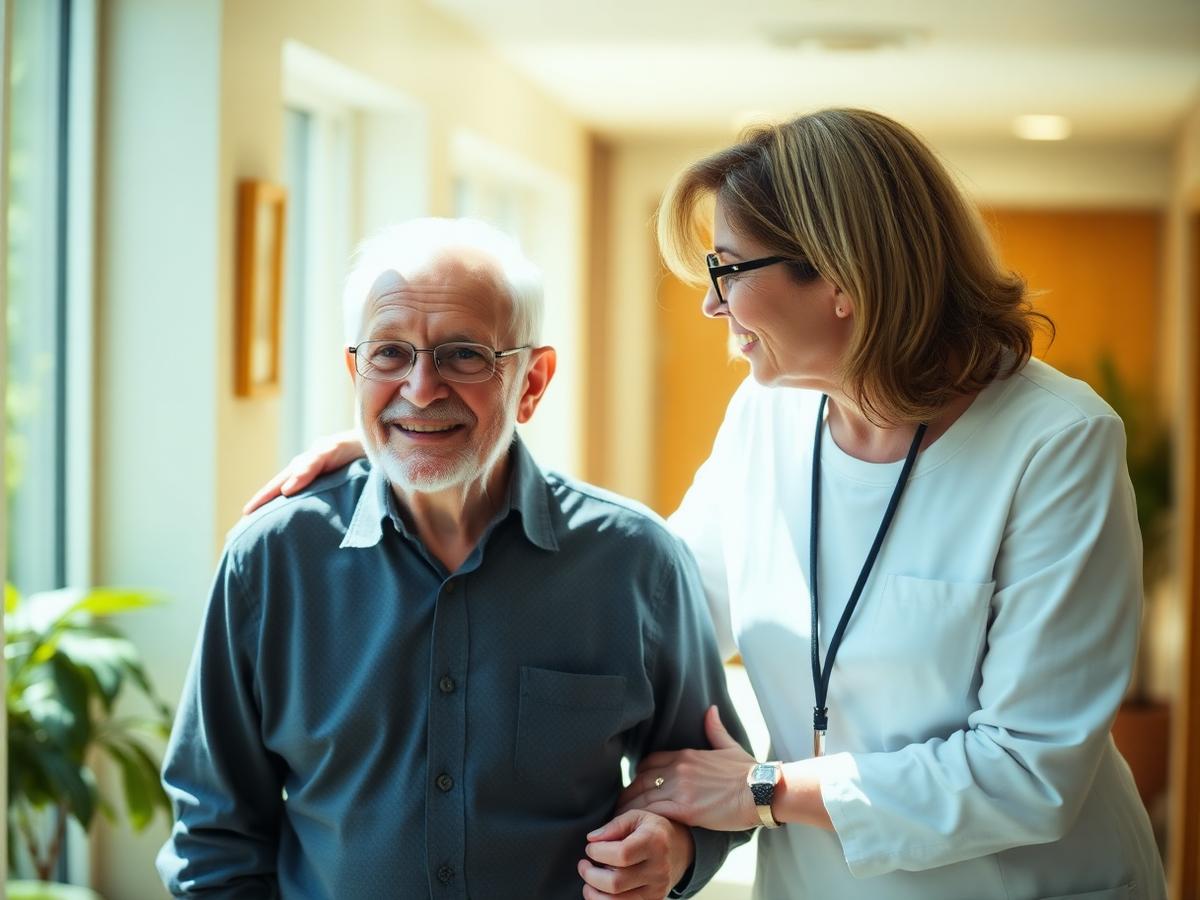 Caregiver walking with a smiling elderly gentleman in a bright home hallway