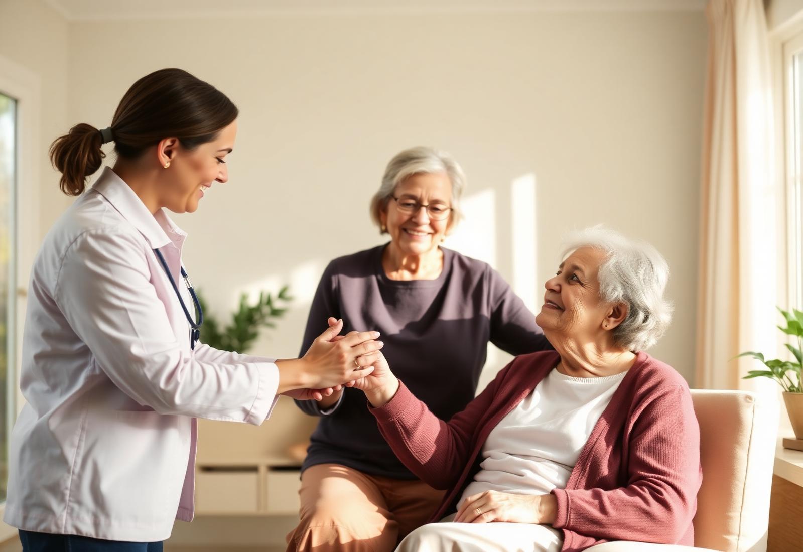 Caregiver holding hands with elderly woman in a sunny living room